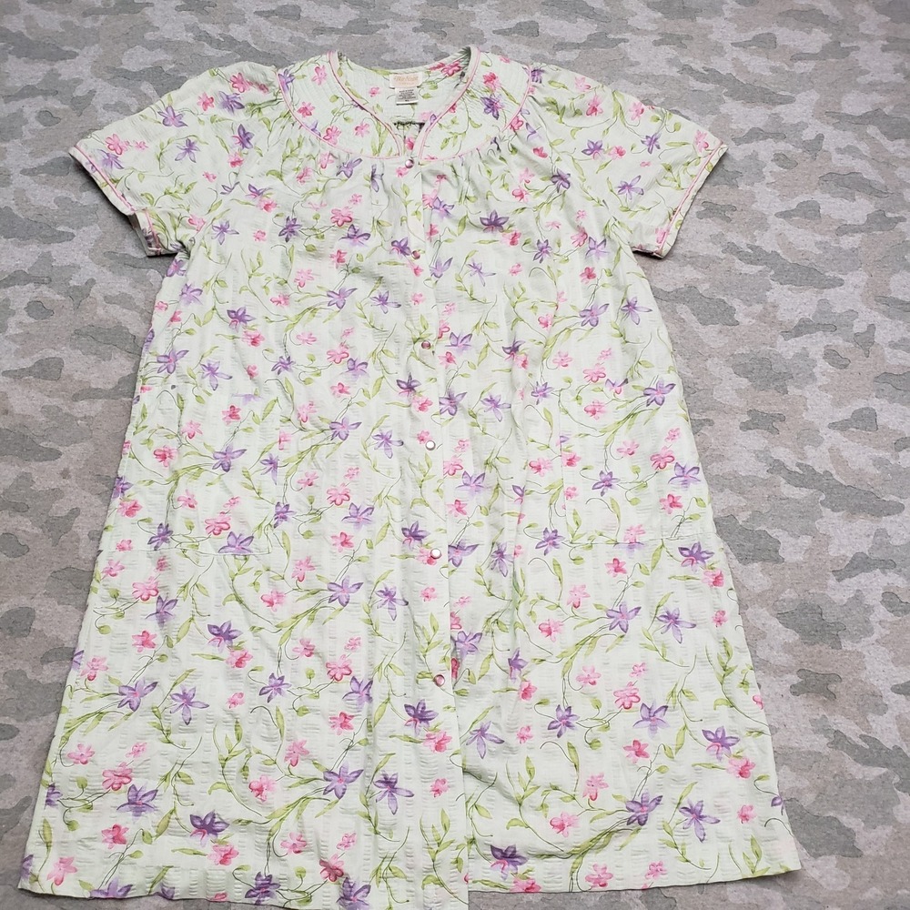 Vintage Barbizon Nightgown Womens XL Green Snap Up Short Sleeve Floral Lounge